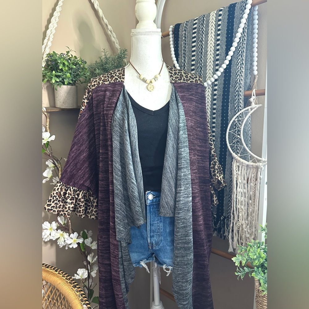 Umgee mixed leopard purple/gray colorblock ruffle sleeve oversized cardigan